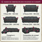 Guide des tailles des housses de canapé : 1 place 90-140 cm, 2 places 145-185 cm, 3 places 190-230 cm, 4 places 235-300 cm